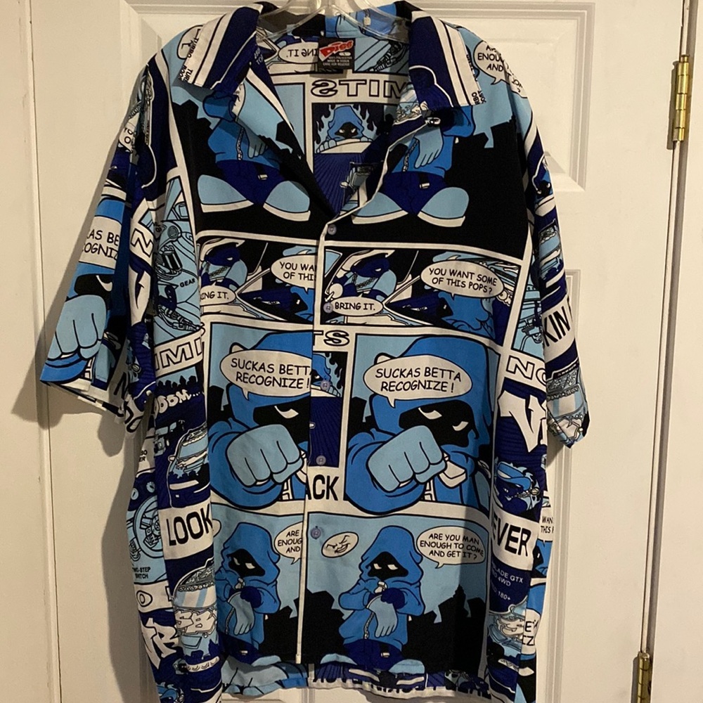 Comic shirt button cartoon short sleeve “suckas betta recognize” Blue black whit